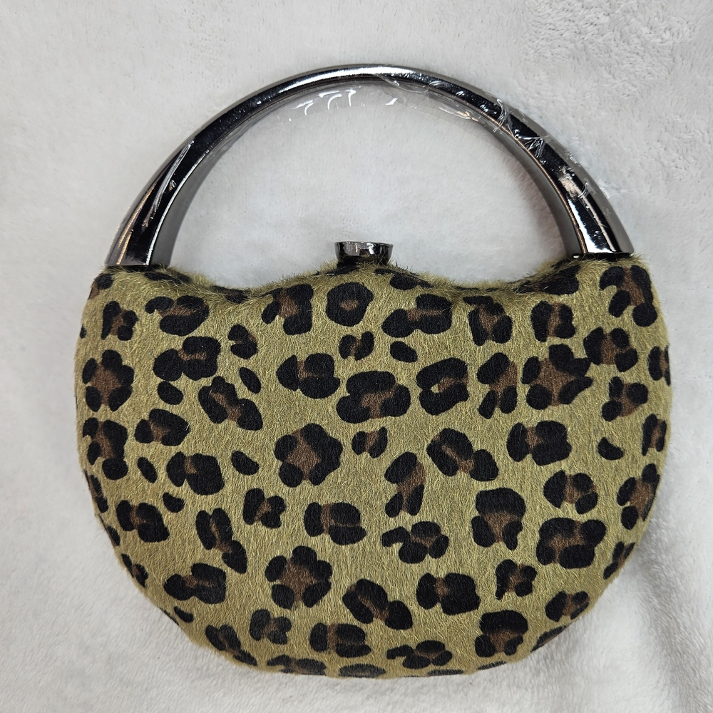 Leopard Print Hard Case Clutch Purse w/ Chain Strap Faux Felt New